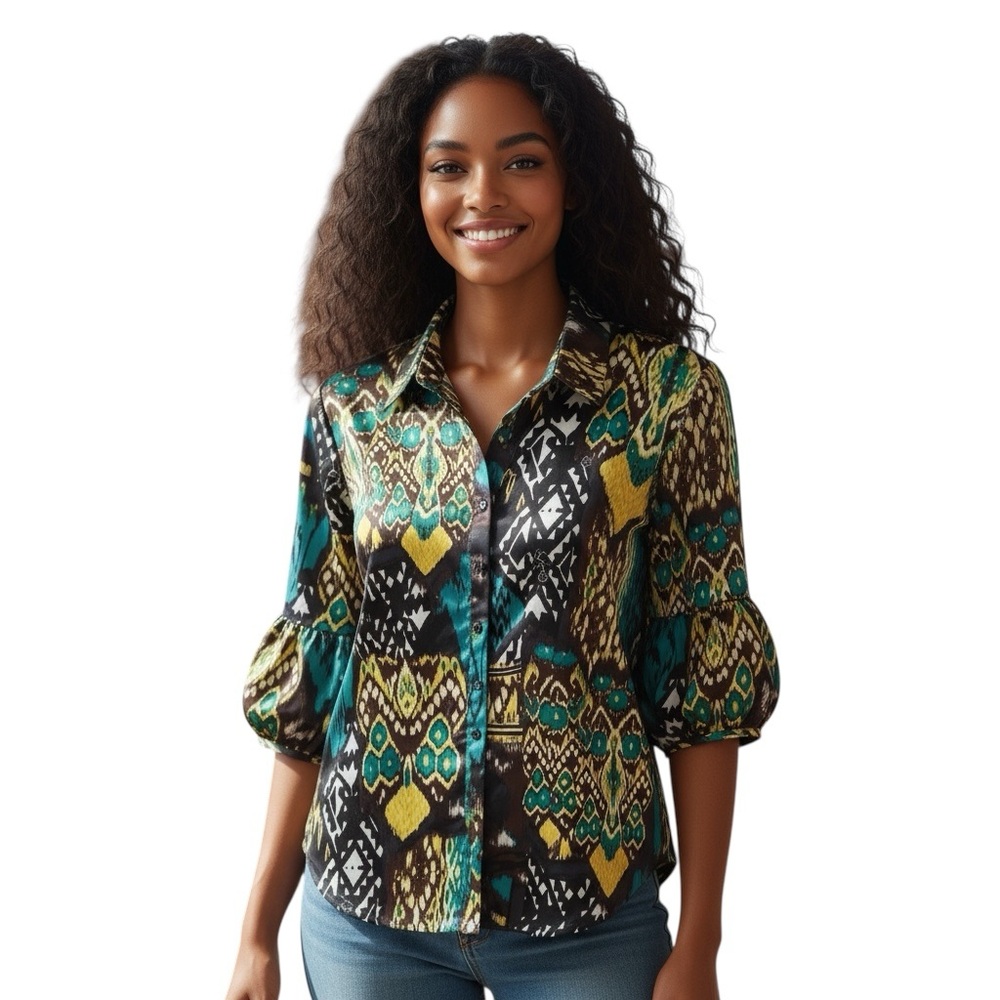 Baby Phat Vibrant Green and Yellow Patterned Shirt Size 2X